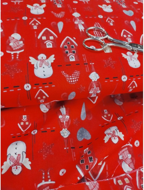 Tela de Algodón de Navidad roja muñecos de nieve con alas
