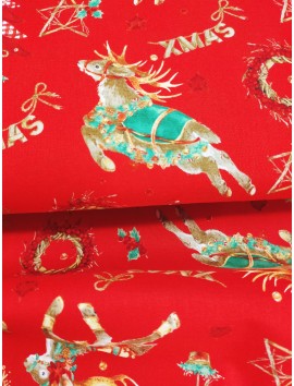 Tela de Algodón de Navidad roja ciervos
