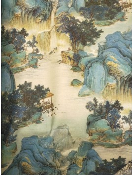 Tela loneta de algodón paisaje japones azules