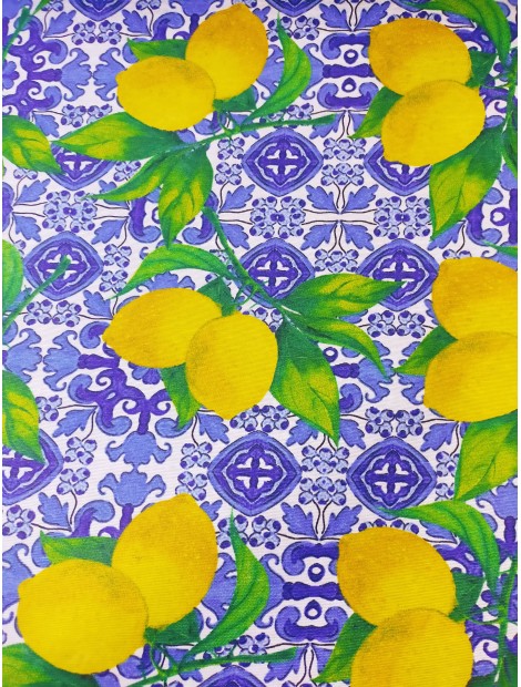 Mantel resinado antimanchas estampado de limones y azulejo azul