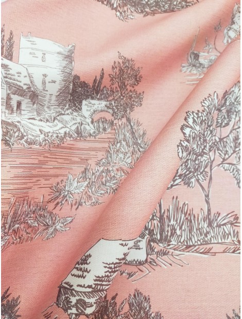 Tela loneta de algodón Toile de Jouy fondo rosa