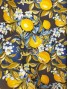 Tela Loneta con estampado de limones y flores azules
