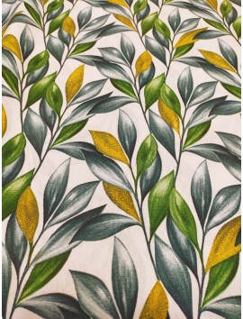 Tela Loneta estampada ramas de olivos con hojas verdes y doradas