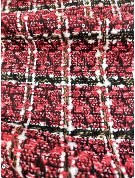 Tela Tweed tipo chanel rojo con hilos blanco y negro