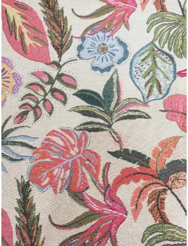 Tela de tapiz gobelino flores, hojas verdes y coral