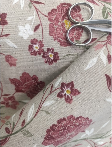 Tela Loneta con estampado flores granates