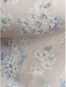 Tela Loneta con estampado flores azules fondo piedra