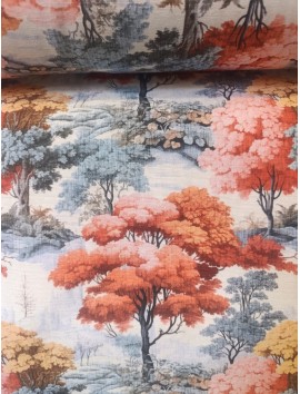 Tela Loneta con estampado de árboles naranja quemado y gris
