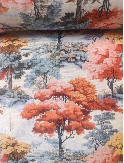 Tela Loneta con estampado de árboles naranja quemado y gris