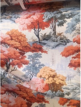 Tela Loneta con estampado de árboles naranja quemado y gris