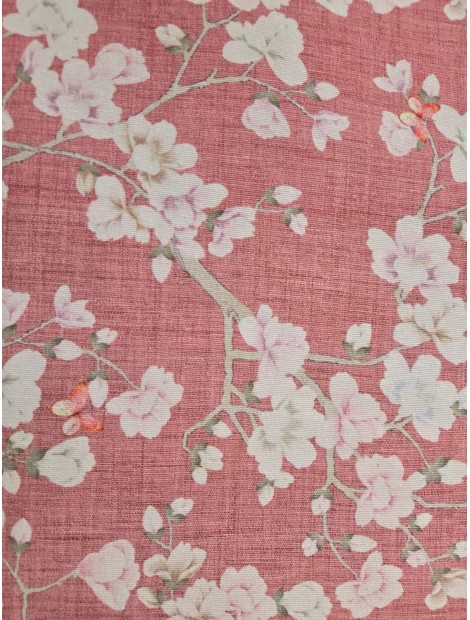 Tela Loneta con estampado floral fondo rosa