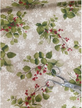 Tela de Loneta de Navidad acebos y copos fondo rafia,  en 280cm