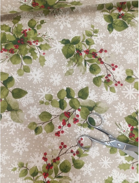 Tela de Loneta de Navidad acebos y copos fondo rafia,  en 280cm