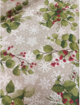 Tela de Loneta de Navidad acebos y copos fondo rafia,  en 280cm