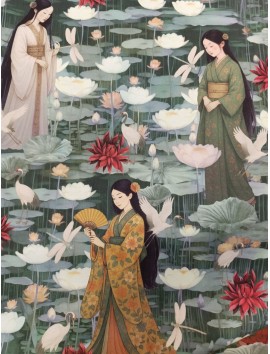 Loneta de algodón estampado oriental y flor de loto