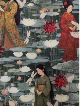 Loneta de algodón estampado oriental y flor de loto