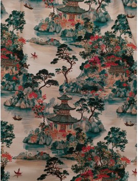 Loneta de algodón estampado oriental Pagoda