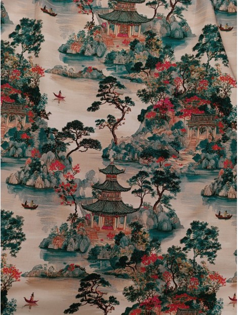 Loneta de algodón estampado oriental Pagoda