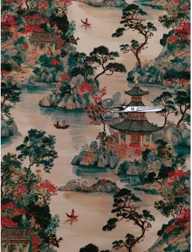Loneta de algodón estampado oriental Pagoda