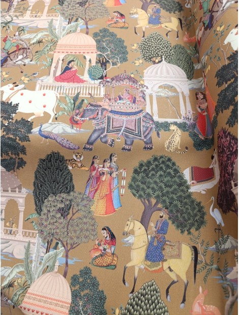 Loneta de algodón India elefantes y caballos