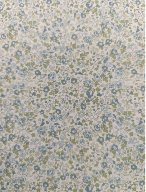 Tela de algodón estampado flores azules  hojas menta