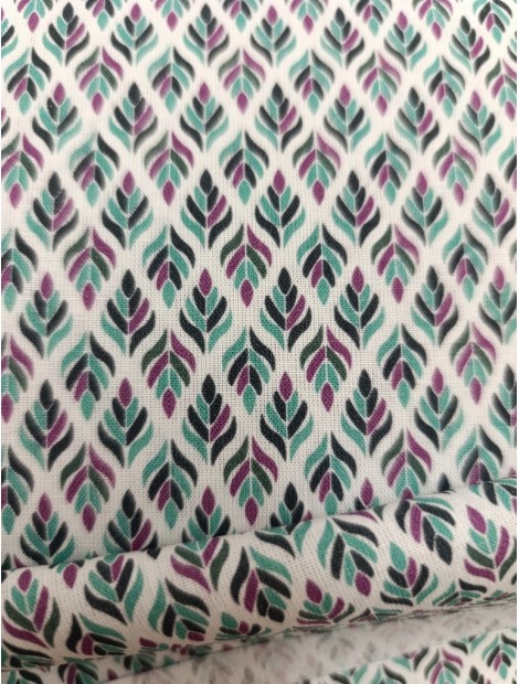 Tela de algodón estampado hojas menta y magenta