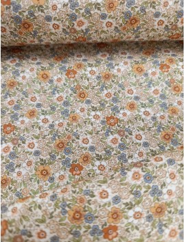 Tela de algodón estampado flores ocres y azules