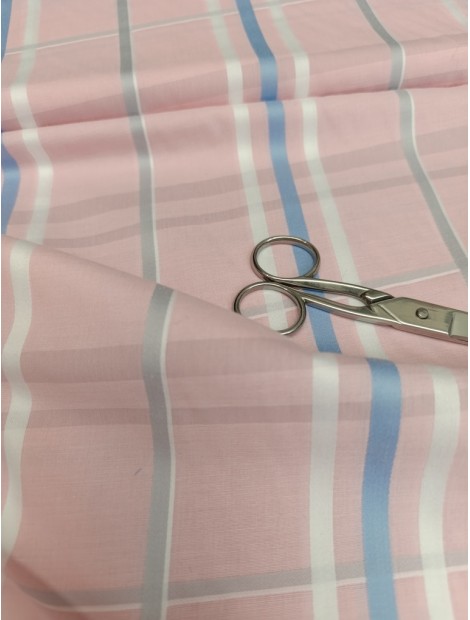 Tela de algodón estampado cuadros rosa raya azul