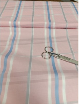 Tela de algodón estampado cuadros rosa raya azul
