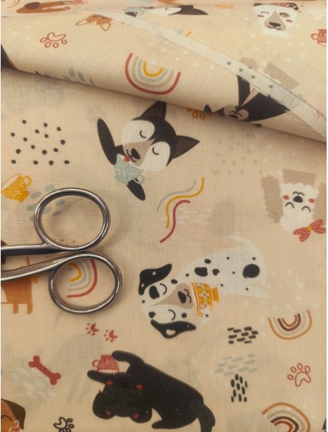 Tela de algodón estampado perros y arcoiris