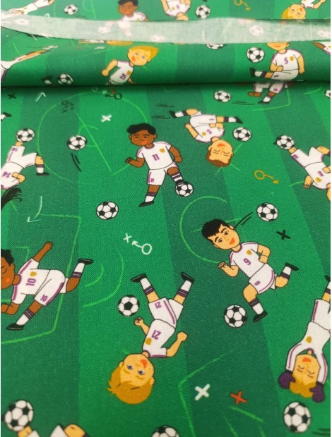 Tela de algodón estampado futbol blancas
