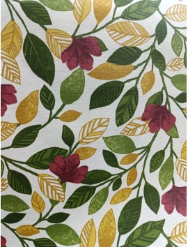 Mantel resinado , teflón , ramas verdes , granates y mostaza