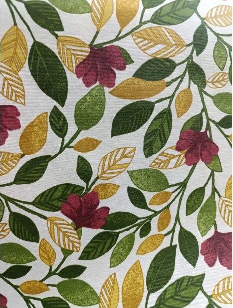 Mantel resinado , teflón , ramas verdes , granates y mostaza