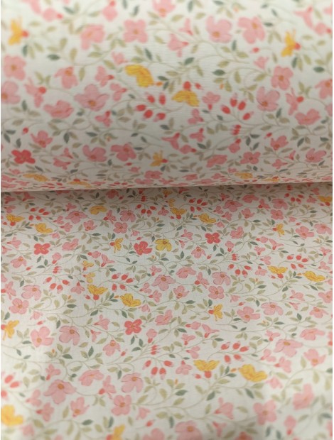 Tela de algodón estampado flores rosas  y amarillas en 280