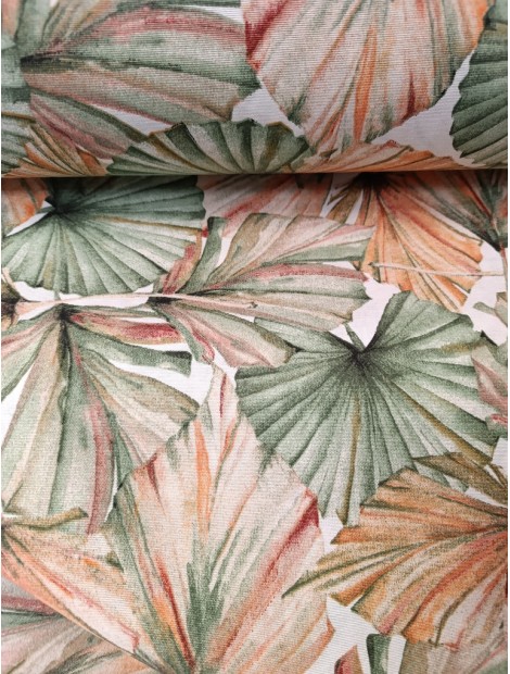 Loneta estampado hojas tropicales verdes y naranjas