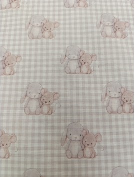 Tela de algodón  vichy beige en 280 de conejitos y ratones
