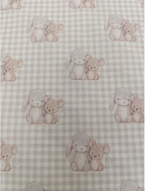 Tela de algodón  vichy beige en 280 de conejitos y ratones