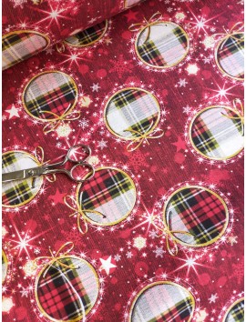 Tela de Loneta de Navidad, bolas cuadro escoces,  en 280cm